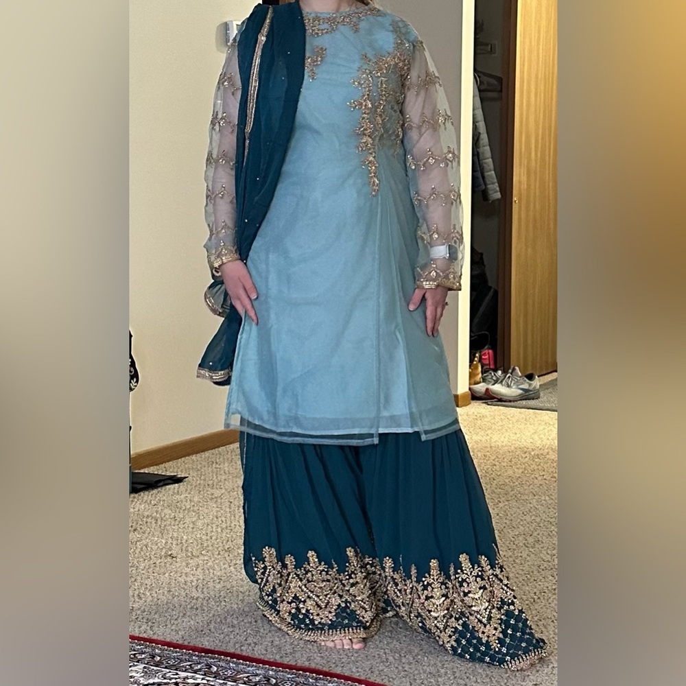 Falak-e-noor Light Blue and Teal Embroidered Gharara